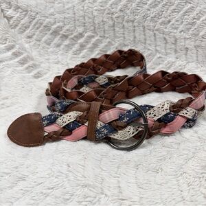 Braided Faux Leather, Lace, and Fabric BoHo Hippy Belt - Brown, Pink, Blue